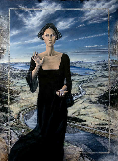 frauenfigur vor landschaft; female figure in landscape