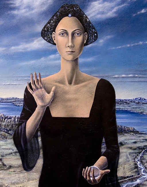 frauenfigur vor landschaft; female figure in landscape
