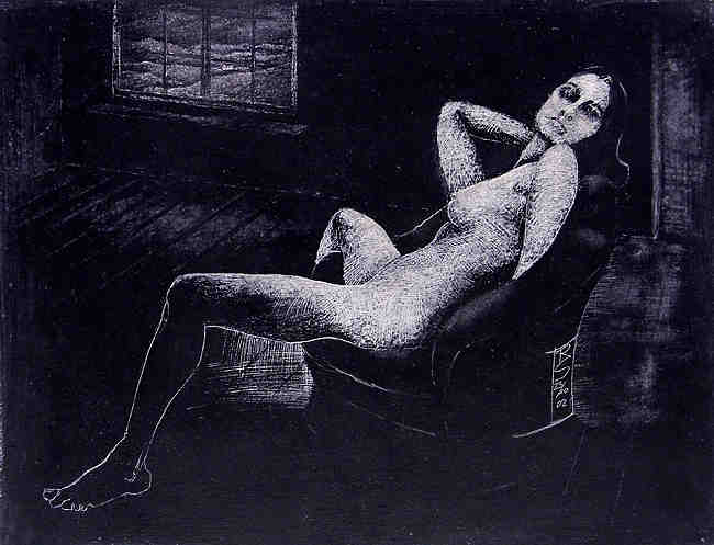 akt,im sessel sitzend,zeichnung in schabtechnik,kratztechnik/nude,drawing,sitting in chair