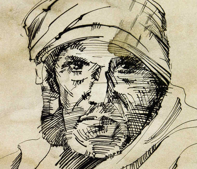 maennerkopf,portrait,federzeichnung; man's head,pen and ink